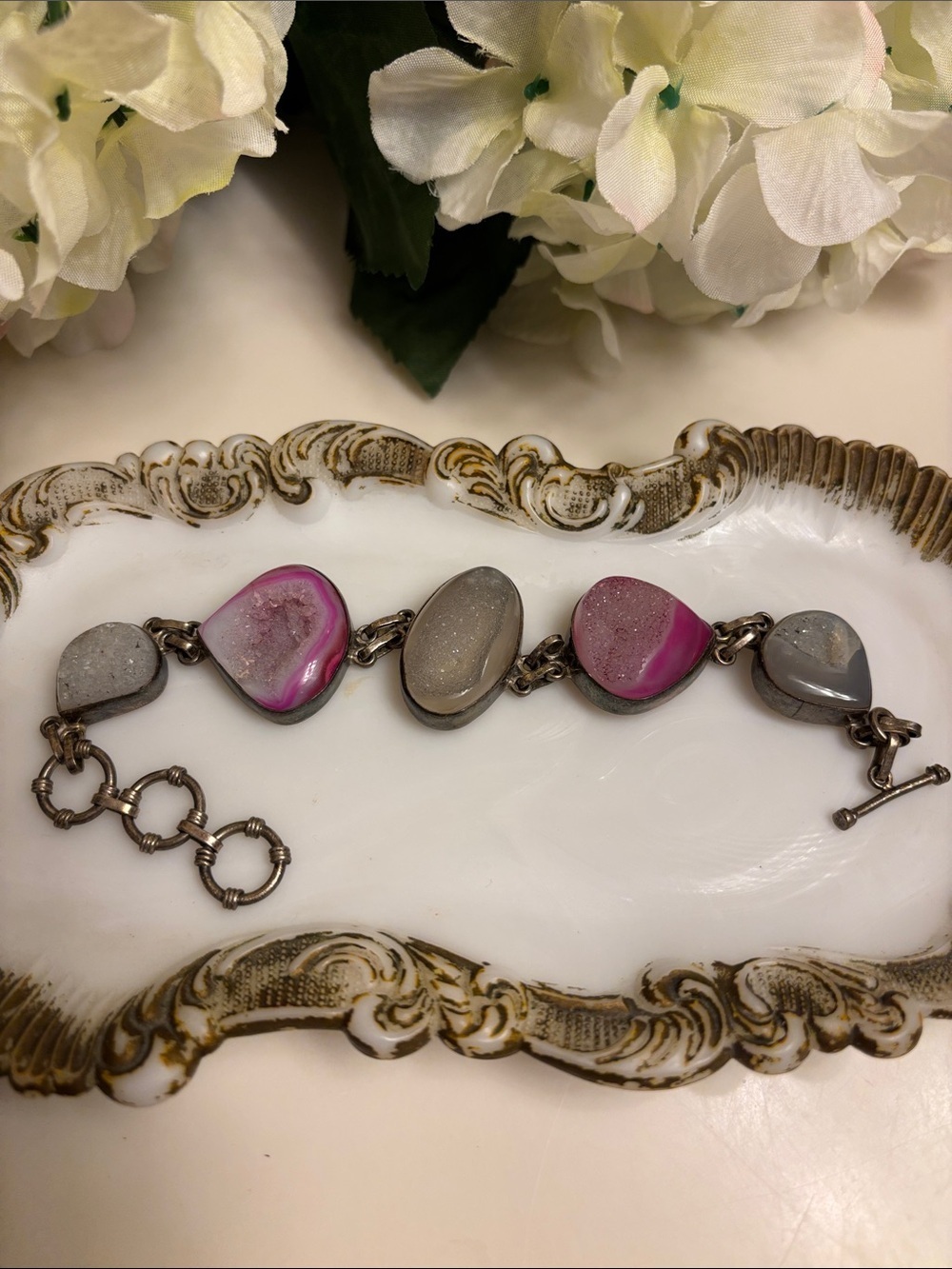 Pink and Gray Stone Link Bracelet with Toggle Clasp - Women Jewelry Vintage